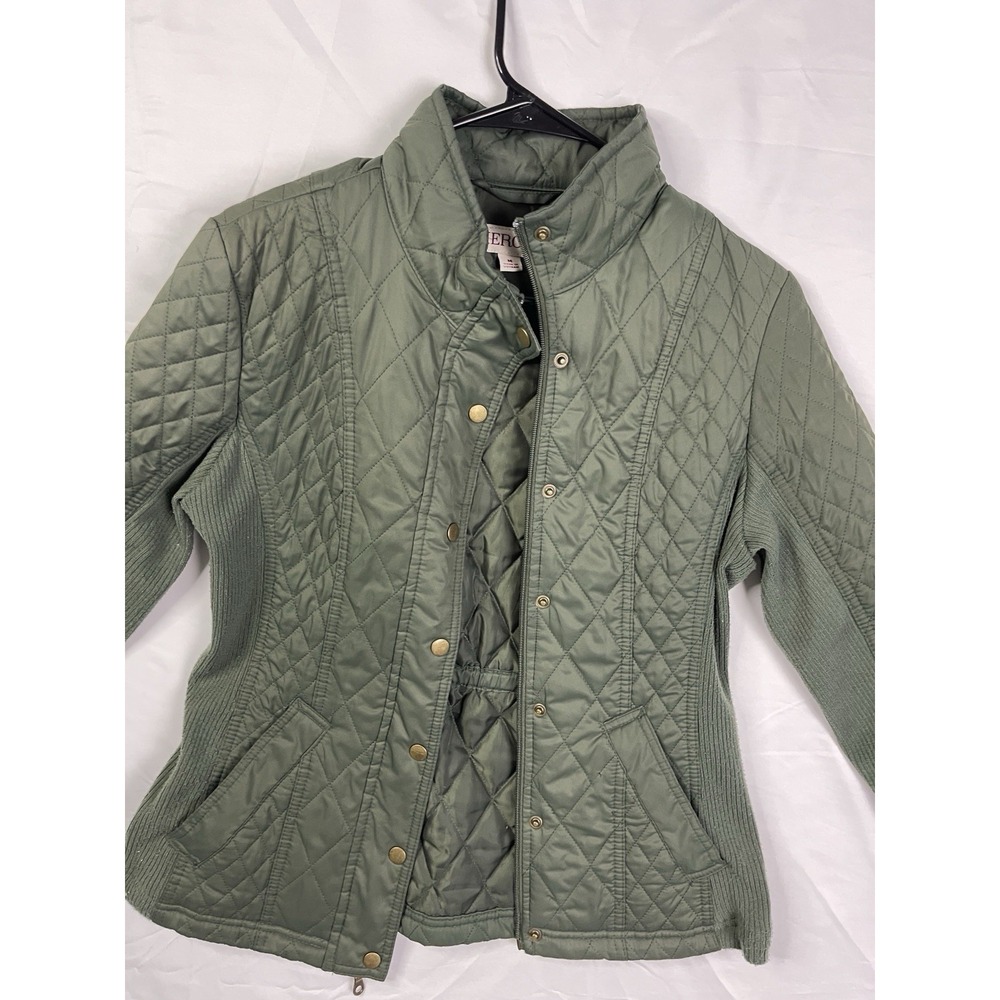 Merona Women's Olive Green Quilted Jacket Full Zip Snap Lightweight Coat Medium